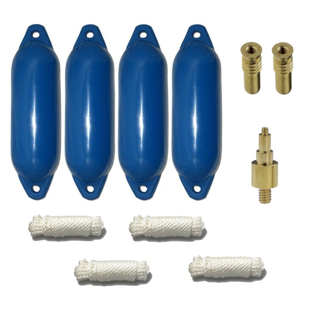 12skipper Boat Fender Set of 4 with 4 Majoni Star 45 Fenders, 4 Fender Lines, 2 Replacement Valves and 1 Valve Adapter – Blue, 70 x 24 cm