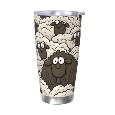 FJWSLCH 590 ml Stainless Steel Tumbler with Lid and Straws, Vacuum-Insulated, Black-and-White Sheep