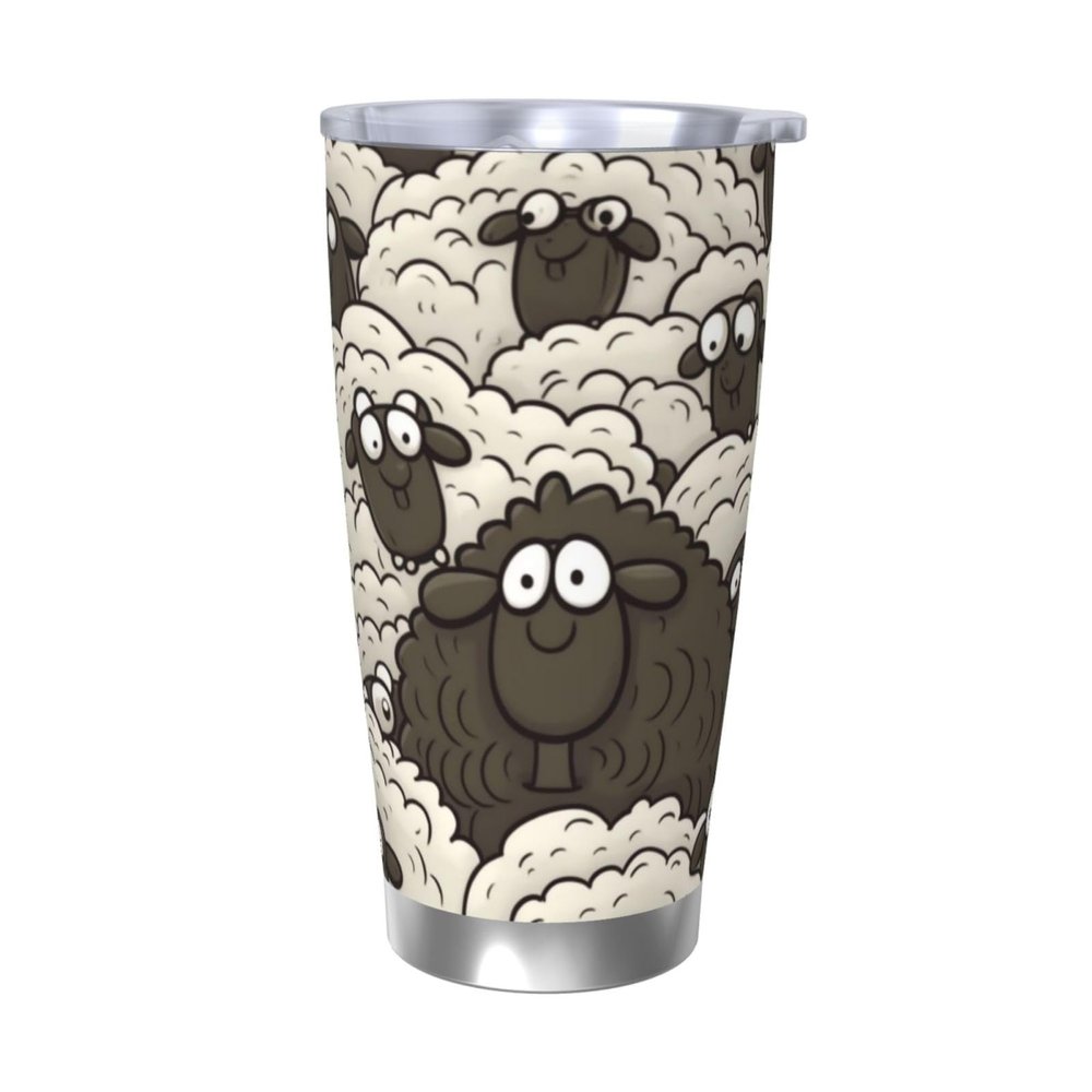 FJWSLCH 590 ml Stainless Steel Tumbler with Lid and Straws, Vacuum-Insulated, Black-and-White Sheep