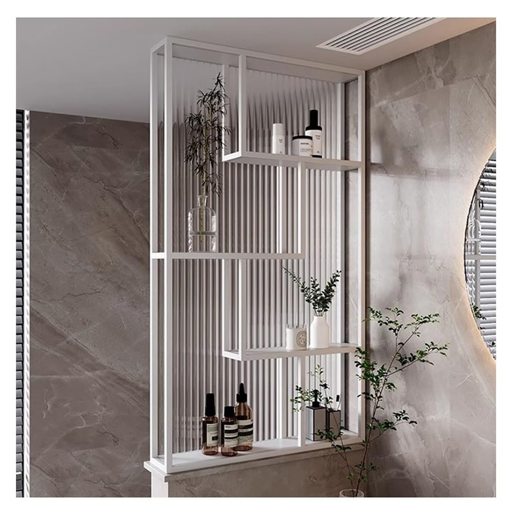 Room Divider, Translucent Glass Partition with Shelves for Hallway, Bathroom, Restaurant, Bar, Hotel, or Office, White, 100 x 80 cm