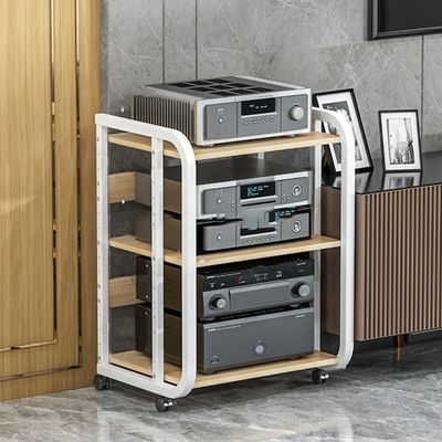 Modern Media Stand with Open Shelves and Casters, White, 50 x 42.5 x 70 cm