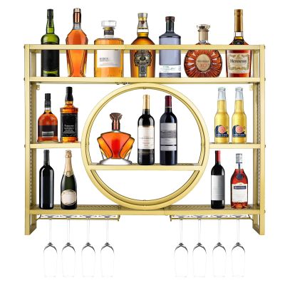 Wall-Mounted Wine Rack with Liquor Bottle & Glass Holder, 3-Tier, Gold, 120 cm