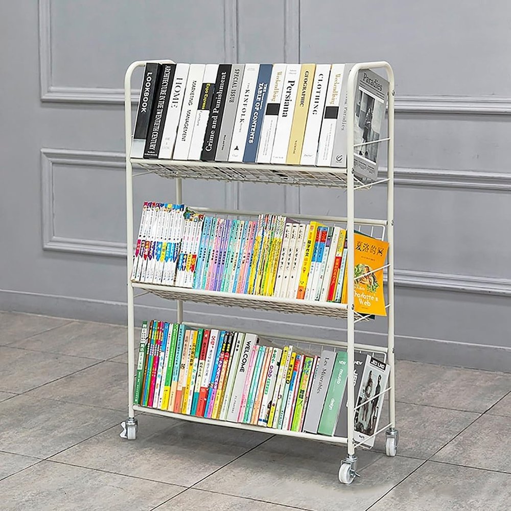 Rolling Metal Book Cart with Wheels, 3 Shelves
