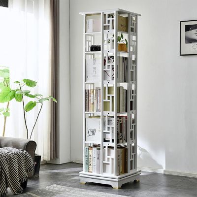 RKJDMSWJ 6-Tier Rotating Bookshelf, Chinese-Style 360° Revolving Bookcase with Base, Solid Wood Spinning Display Tower, Stackable, White