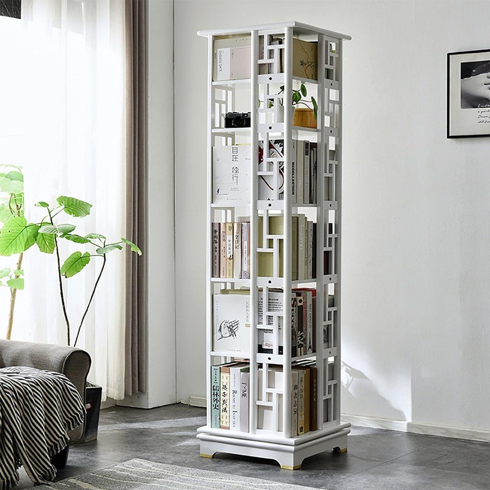 RKJDMSWJ 6-Tier Rotating Bookshelf, Chinese-Style 360° Revolving Bookcase with Base, Solid Wood Spinning Display Tower, Stackable, White