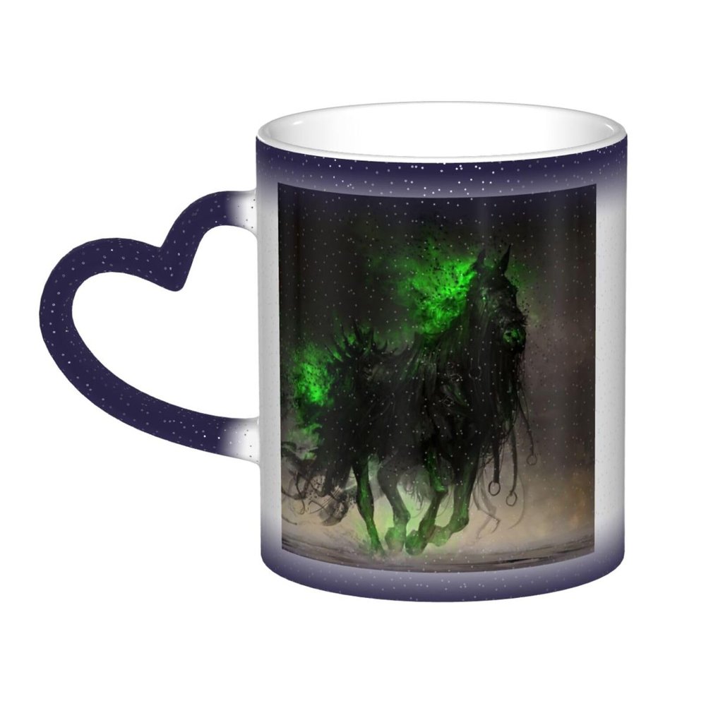 ZORIN Heat-Sensitive Color-Changing Ceramic Mug, Black Horse, Green Glitter Galaxy Design