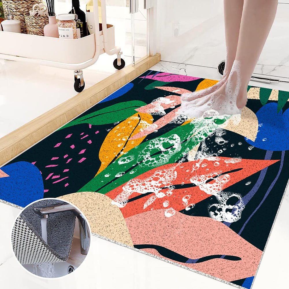 Pevfeciy Non-Slip Shower Mat 110 x 150 cm, Soft PVC, Flower Pattern, with Hook