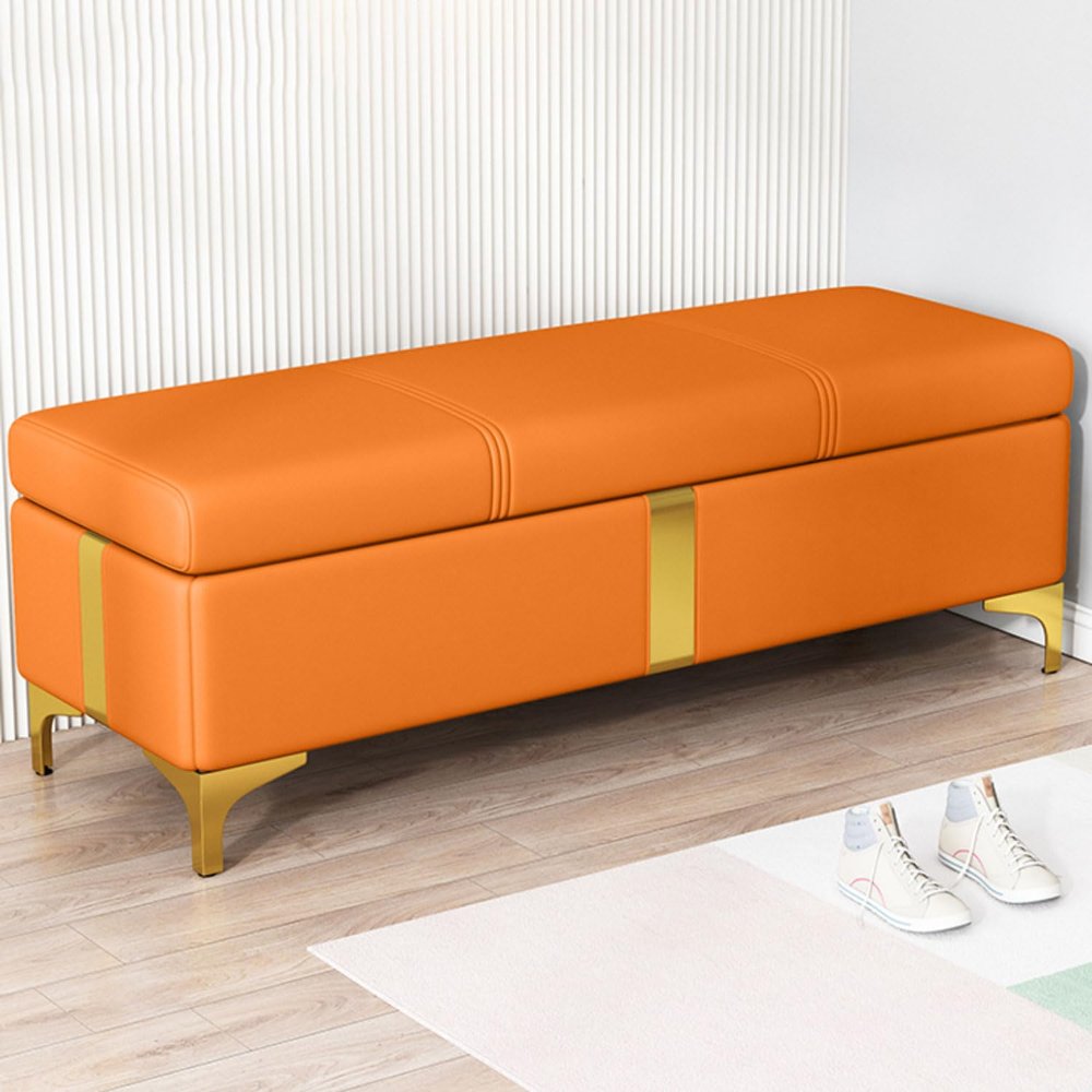 Faux Leather Storage Bench with Metal Legs and Hinged Lid