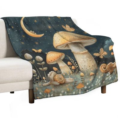 Retro-Style Snails and Mushrooms Throw Blanket for Couch and Sofa, Soft Plush Cozy Flannel Blanket with Nighttime Stars, Moon and Butterflies for Camping and Travel, 152.4 x 203.2 cm
