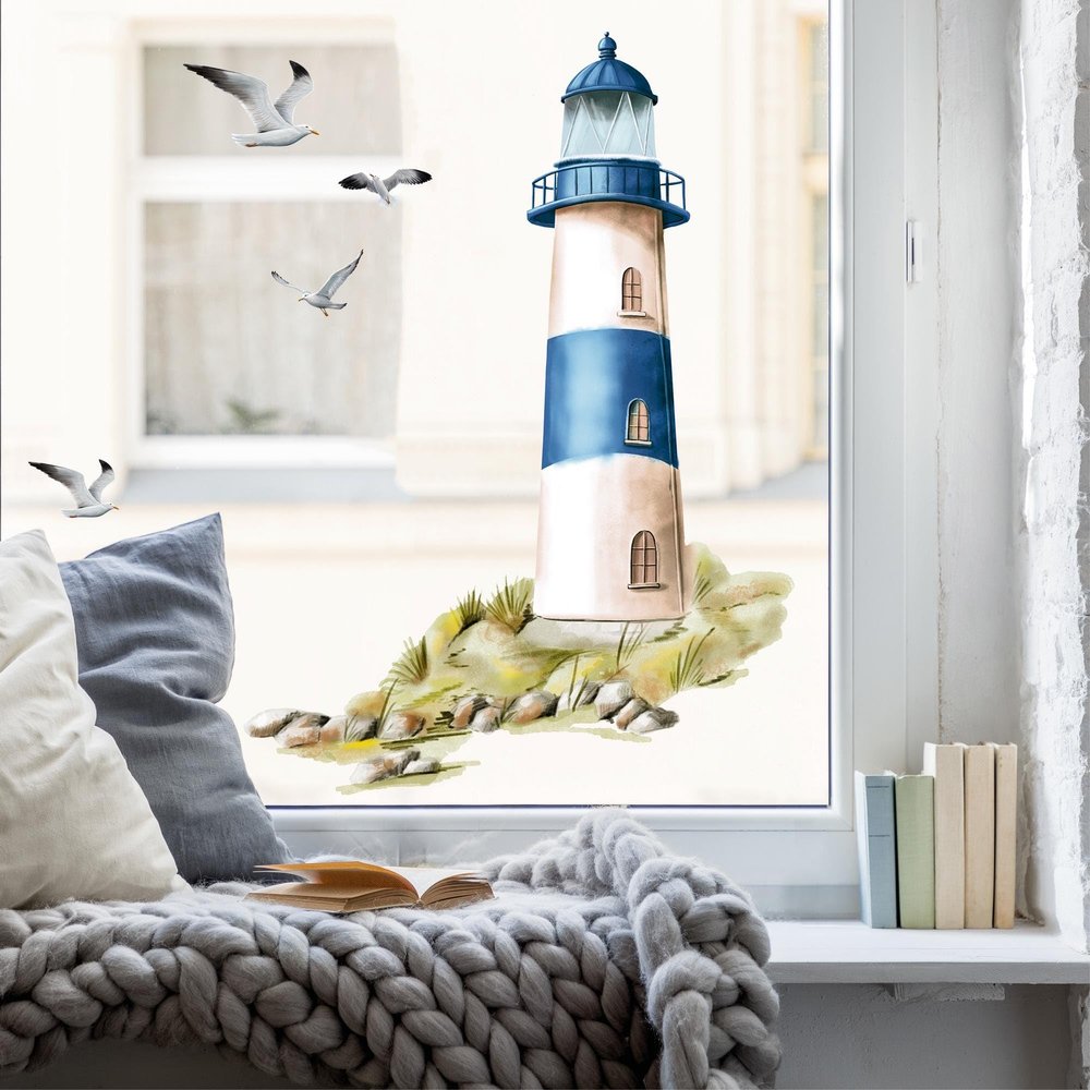 Wandtattoo Loft Reusable Blue Lighthouse Window Decal, A4 Sheet