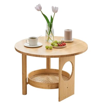 KLJUddGY Bamboo Side Table, Round Design Table with Storage, Compact Accent Table