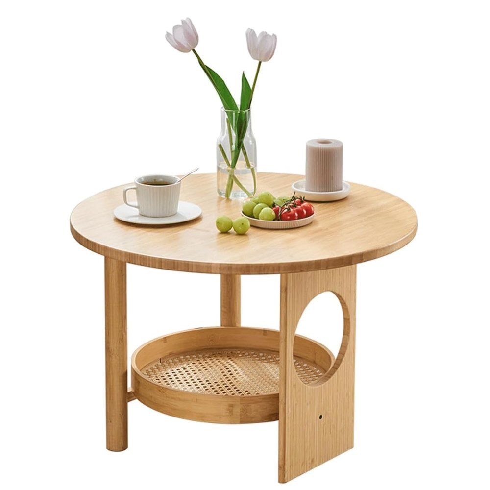 KLJUddGY Bamboo Side Table, Round Design Table with Storage, Compact Accent Table