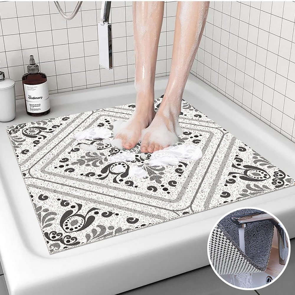 Pevfeciy Non-Slip Shower Mat 110 x 130 cm, Soft PVC Bath Mat with Hooks, High Water Permeability