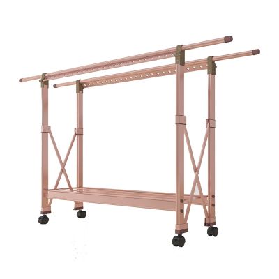 Folding Clothes Drying Rack with 48 Windproof Holes, Double Rod and Shelf, Rose Gold, 120–220 × 47 × 119 cm
