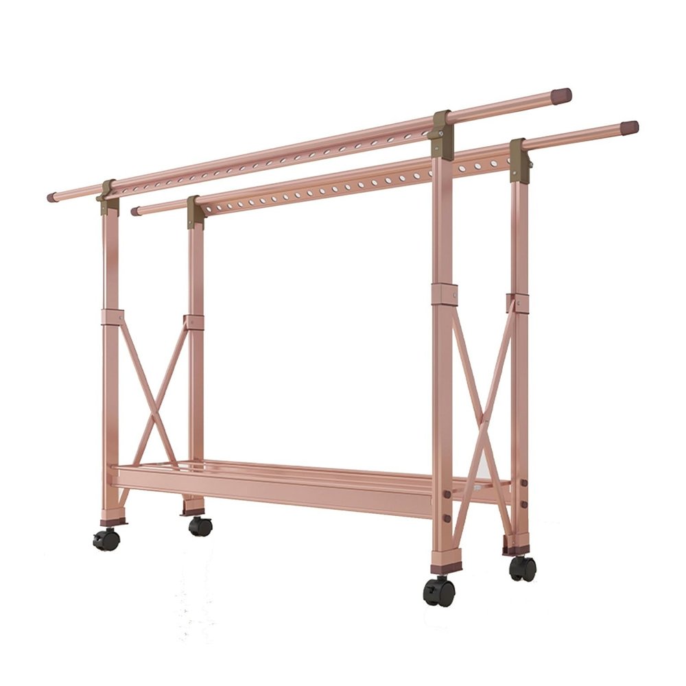Folding Clothes Drying Rack with 48 Windproof Holes, Double Rod and Shelf, Rose Gold, 120–220 × 47 × 119 cm