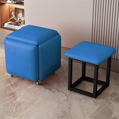 5-in-1 Blue Cube Stool with Swivel Casters, Stackable, Nappa Leather
