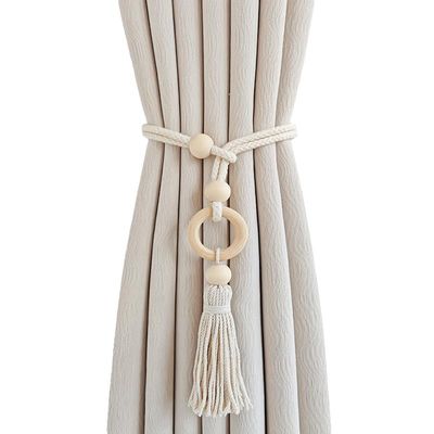 KFMON 1/2-Pack Adjustable Woven Curtain Tiebacks with Tassel and Wooden Ring, Handmade Braided Rope for Home and Office Curtains