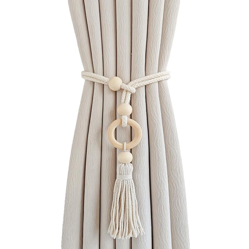 KFMON 1/2-Pack Adjustable Woven Curtain Tiebacks with Tassel and Wooden Ring, Handmade Braided Rope for Home and Office Curtains