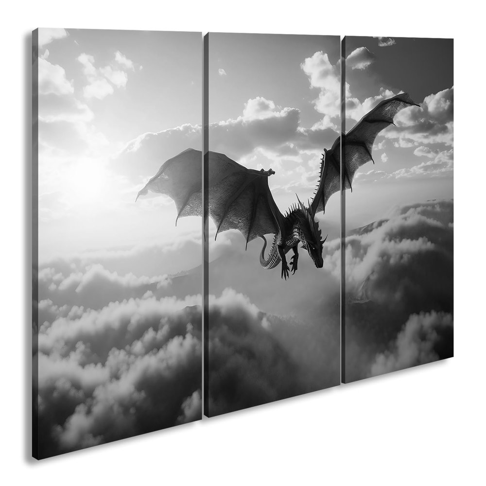 Deyoli Canvas Print, Majestic Dragon Flying Above the Clouds in Sunlight, 120 x 80 cm, 3-Piece, Black & White, XXL
