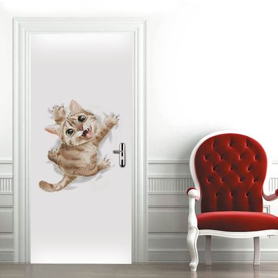 Self-Adhesive 3D Hand-Drawn Cat Door Wallpaper, Removable and Waterproof, 85 x 205 cm