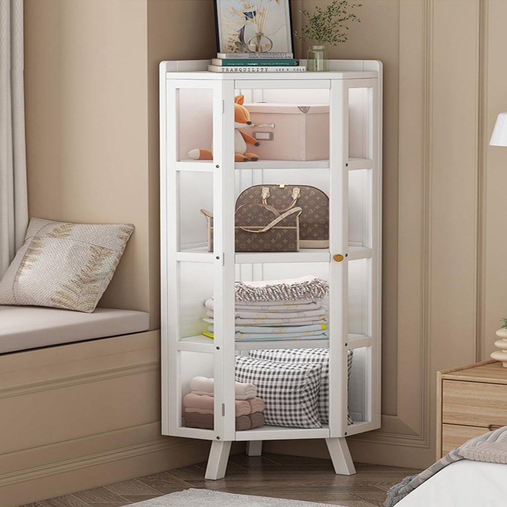 Tall Corner Cabinet with Acrylic Door, 5 Tiers, Freestanding Storage Shelf for Living Room, Home, Office, Kitchen, White