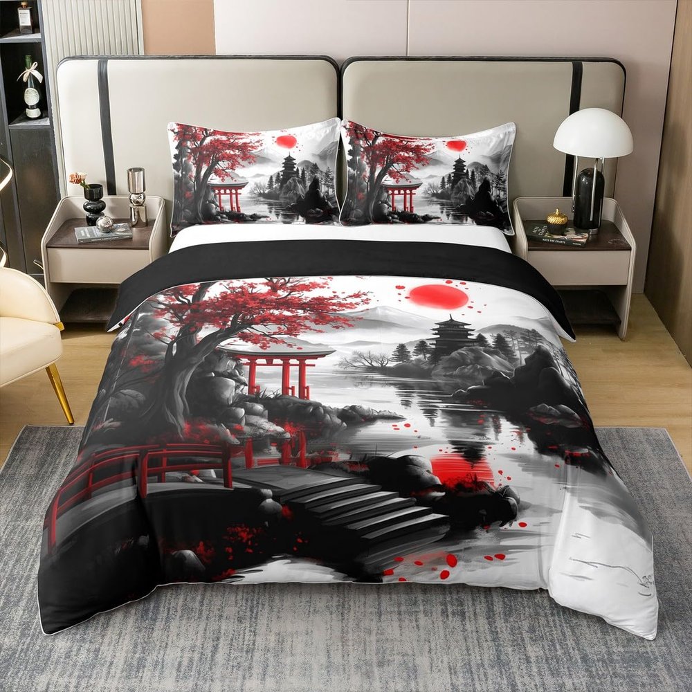 Loussiesd Japanese-Style 100% Cotton Duvet Cover Set, 200 x 200 cm, Hokusai Ukiyo-e