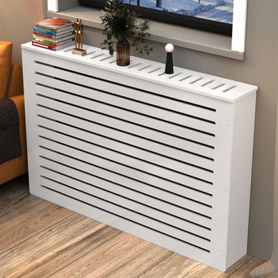 White Wooden Radiator Cover with Vertical Slats, L90 x H100 x D20 cm