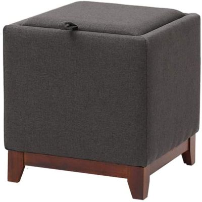 Storage Ottoman Footstool with Tray, Square Upholstered Stool, Solid Wood Legs, Dark Gray