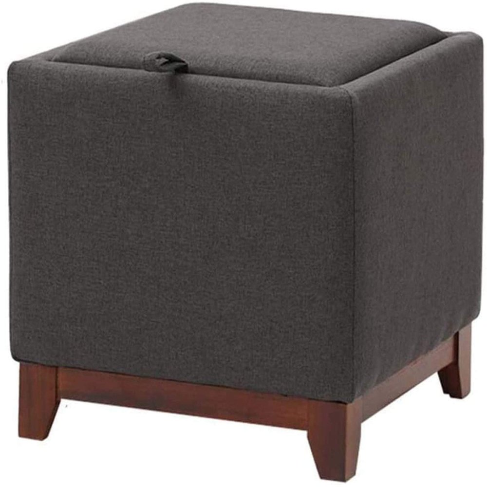 Storage Ottoman Footstool with Tray, Square Upholstered Stool, Solid Wood Legs, Dark Gray