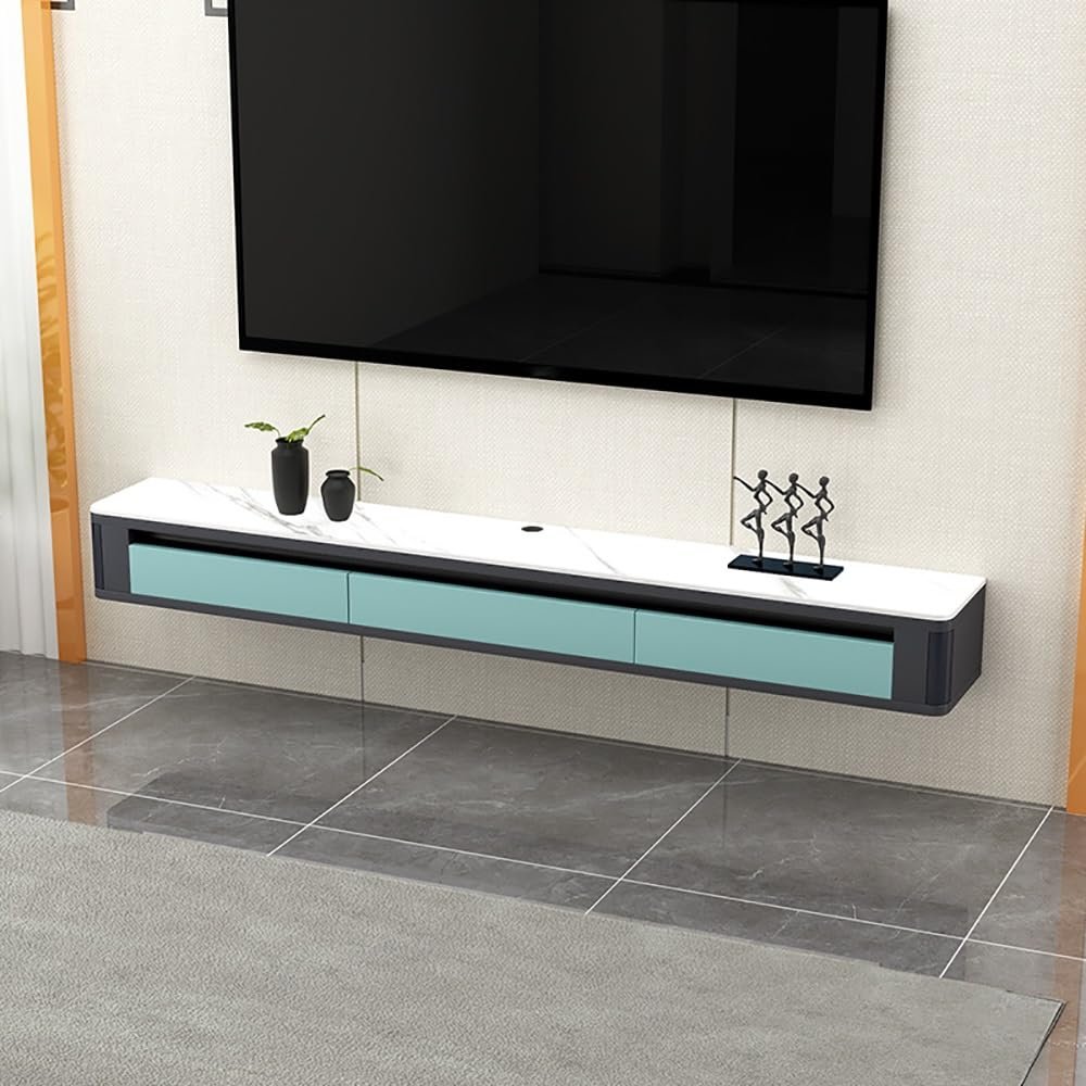 Wall-Mounted Solid Wood Floating TV Stand with 3 Drawers, Gray and Blue, 180 x 26 x 20