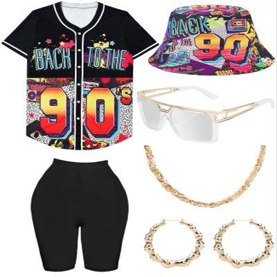 Women’s 80s-90s Outfit, Hip-Hop Costume Set with Baseball Jersey, Yoga Pants, Bucket Hat and Accessories, Black (Pattern Hat-2), X-Large