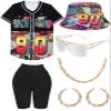 Women’s 80s-90s Outfit, Hip-Hop Costume Set with Baseball Jersey, Yoga Pants, Bucket Hat and Accessories, Black (Pattern Hat-2), X-Large view 1