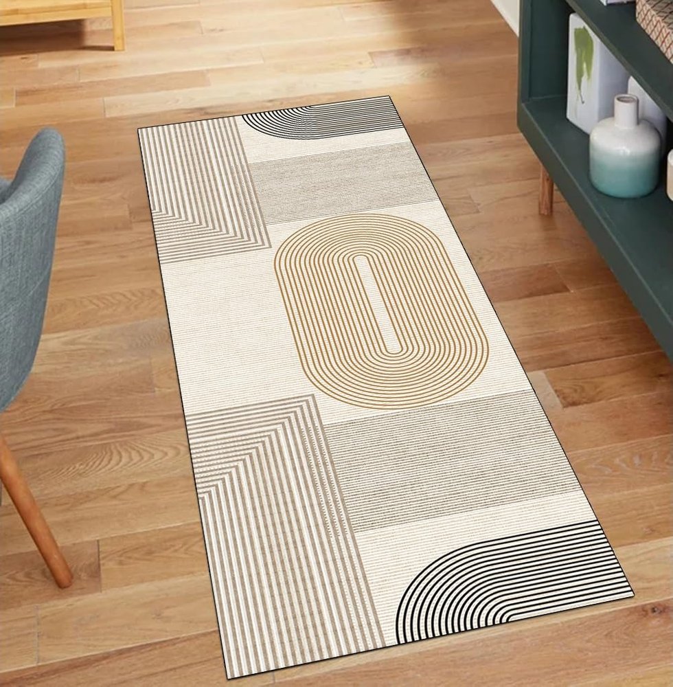 QQrunner Beige Abstract Hallway Runner Rug, Non-Slip, 110 x 1400 cm