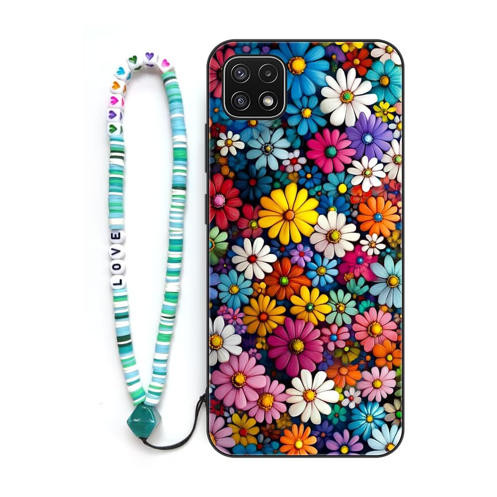 Sinyunron Case Compatible with Samsung Galaxy A22 5G, TPU Protective Case with Metal Back and Colorful Lanyard, Daisy-02