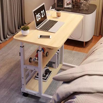 JIAOCKJIAO Height-Adjustable Desk, Manual Standing Computer Desk with 3 Storage Levels and Removable Wheels, Natural, 31.4 in/80 cm