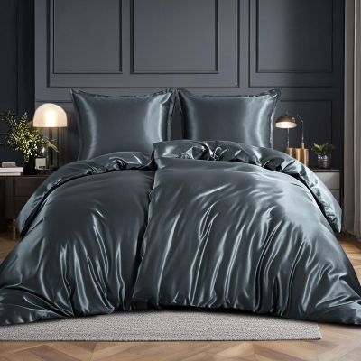 RUIKASI Satin Bedding Set 135 x 200 cm, 4-Piece, Gray, with Zippers