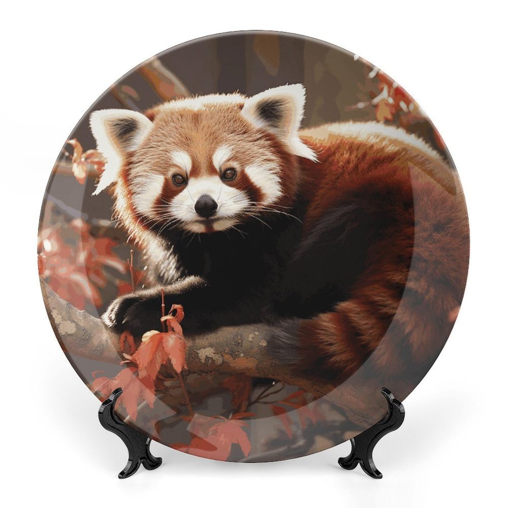 Customizable Red Panda Bone China Decorative Plate with Stand