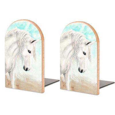 Bookends, Watercolor White Horse, Decorative Wooden Book Supports