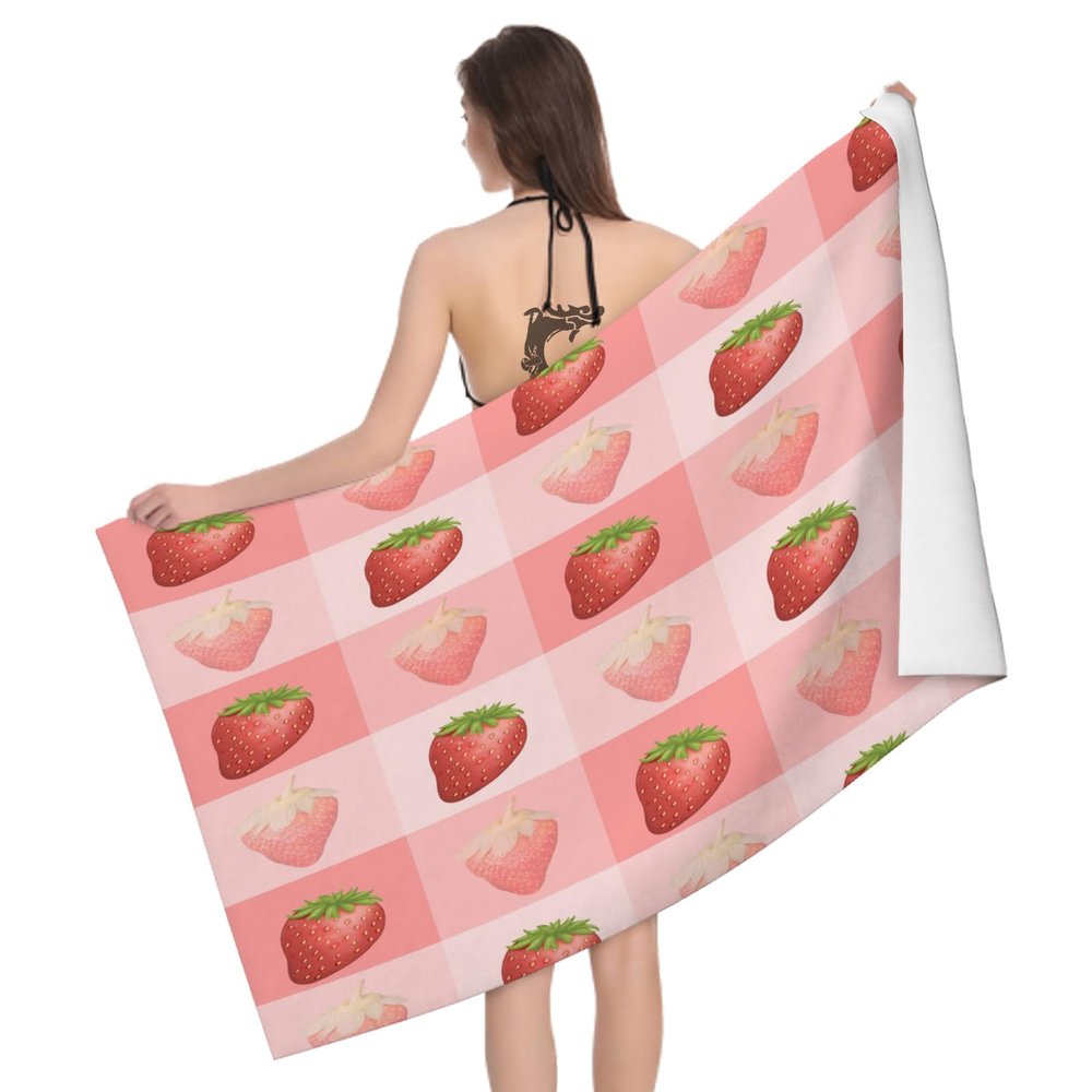 Leichong Strawberry Print Microfiber Beach Towel, 63 x 31 in, 3D Fruit Bath Towel