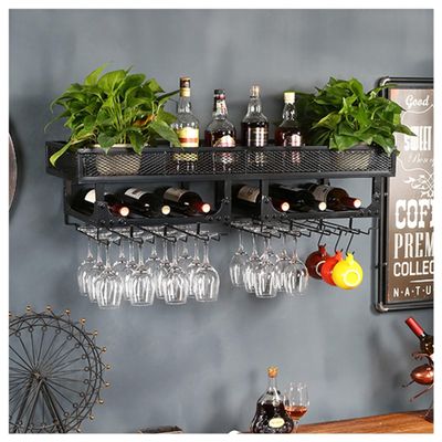 Metal Wall-Mounted Wine Rack with Hanging Glass Holder