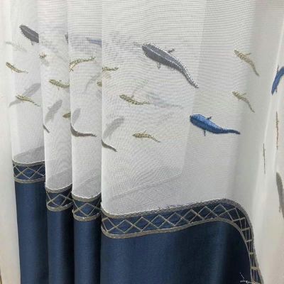 Wycian Kitchen Curtains, 2-Piece Set, Blue Voile with Embroidered Fish Patchwork, H160 x W107 cm