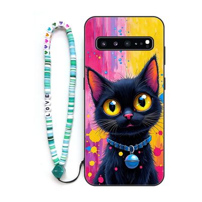 Sinyunron Case Compatible with Samsung Galaxy S10 5G, Shockproof Scratch-Resistant TPU Protective Case with Pattern and Colorful Keychain, Cat-01