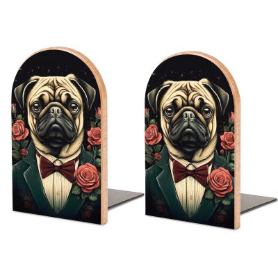 2 Wooden Bookends, Mopsrosen Design, 5 x 3 in
