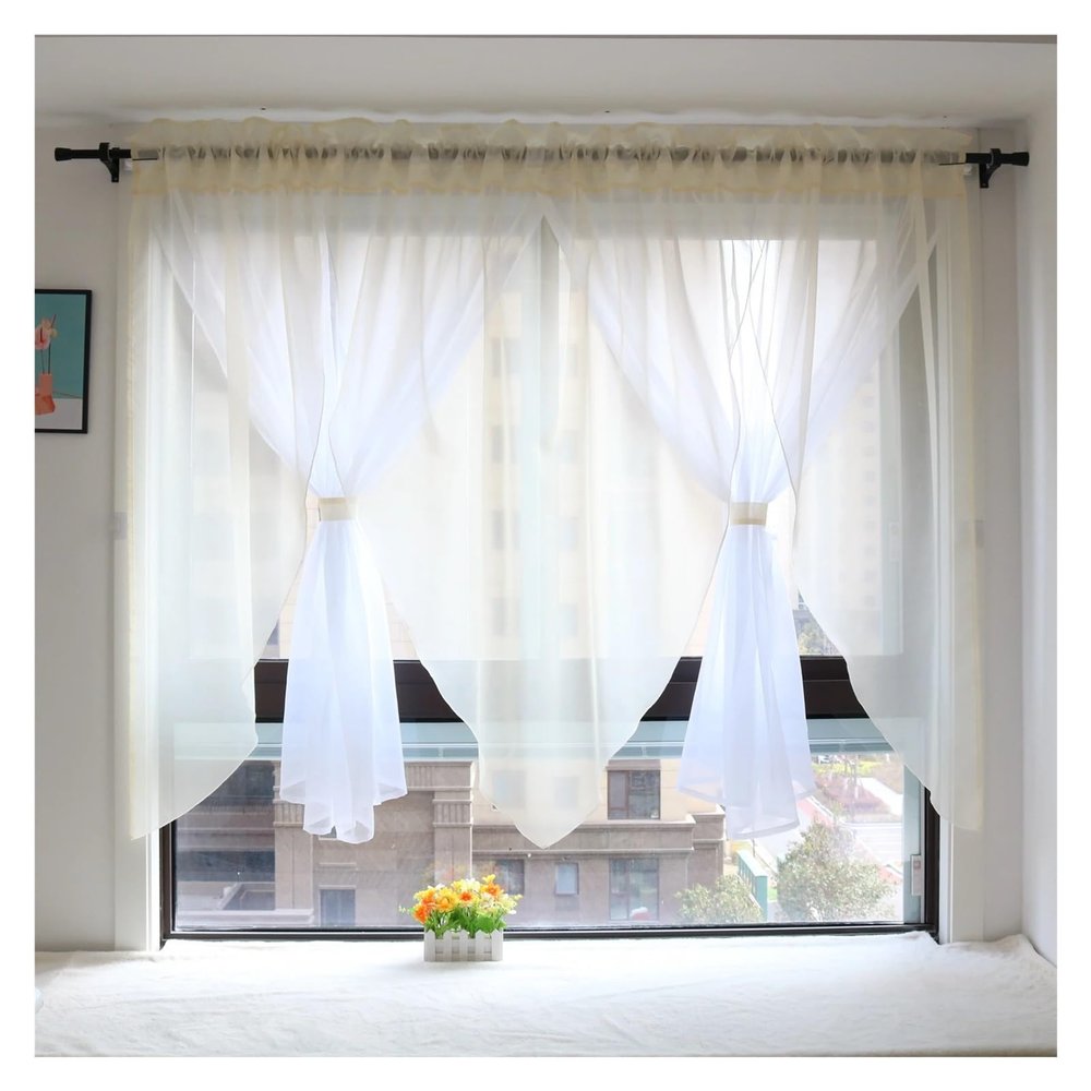 ZGXNYI Short Voile Sheer Curtain, Beige Yellow, Narrow Pleated Tape, 250 x 140 cm