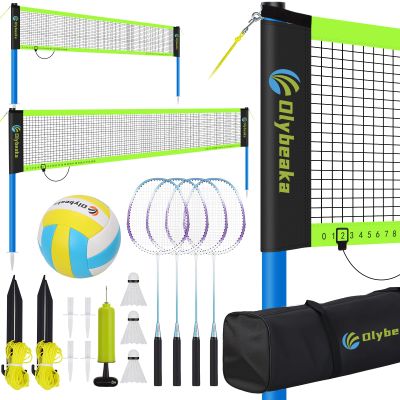 Portable Volleyball and Badminton Net Set for Backyard and Beach, with 2 Nets, Adjustable Poles, PU Volleyball, Aluminum Rackets and Carrying Bag
