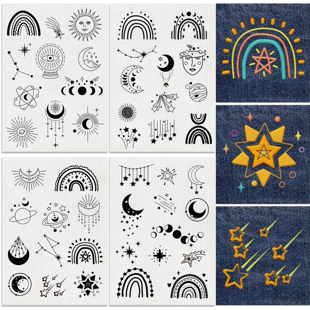 DOODLREAM 47-Piece Sun, Star, Moon Water-Soluble Embroidery Patterns