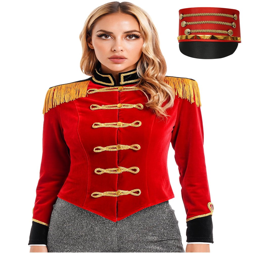 Yeahdor Women's Circus Ringmaster Velvet Blazer Costume with Hat, Red, XL