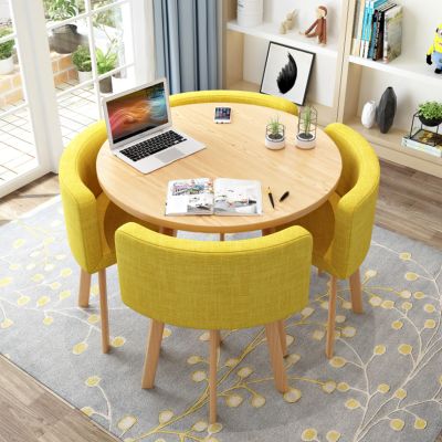 Modern Round Bar Table and Chair Set, Yellow Cotton-Linen