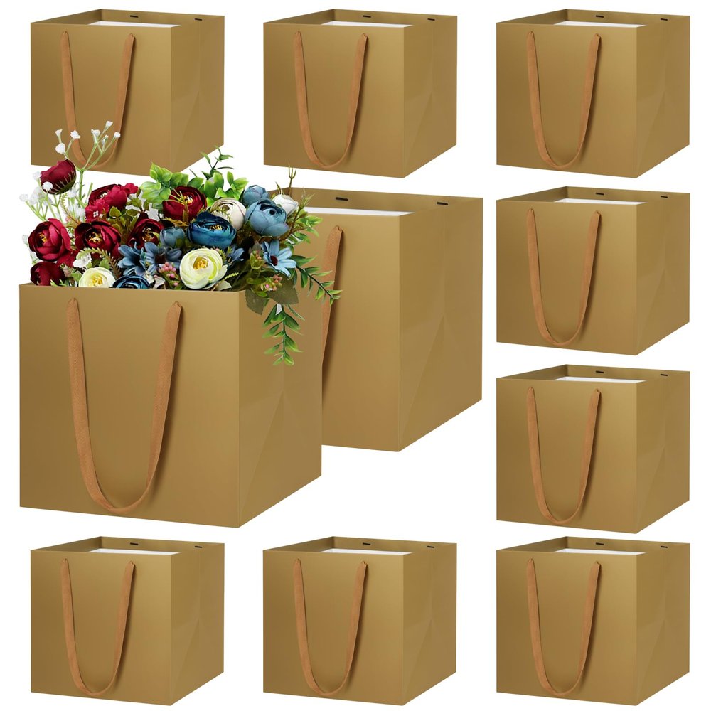 LVNRIDS 10-Pack Gold Square Gift Bags, 7.9 x 7.9 x 7.9 in