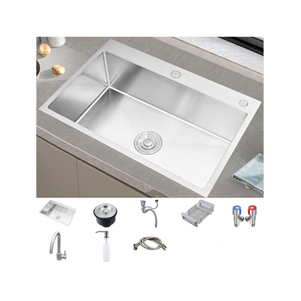 NJDQFA Countertop Drop-In Kitchen Sink, Stainless Steel Single Bowl with Siphon and Faucet, 68 × 45 cm/26.8 × 17.7 in